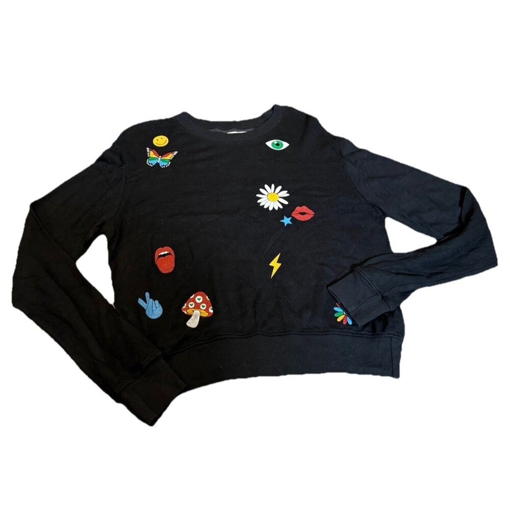 LAUREN‎ MOSHI Black Spalding Sweatshirt Retro Heart Trippy Peace Flower EUC XS